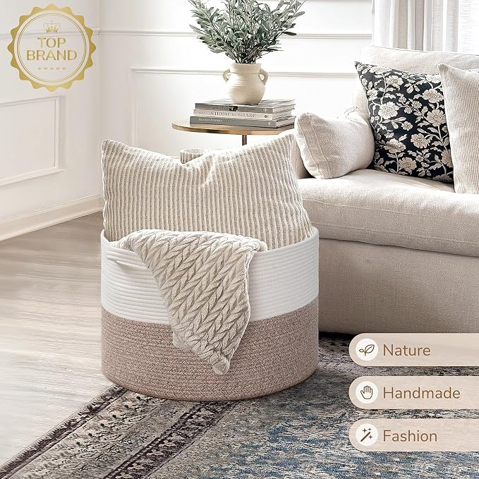 INDRESSME Large Blanket Basket, Laundry Toy Storage Baskets, Decorative Woven Basket for Living Room & Nursery, Baskets for Gifts Empty, Laundry, Dog Toys, Towels, White & Brown, 19.7" D x 12.6" H