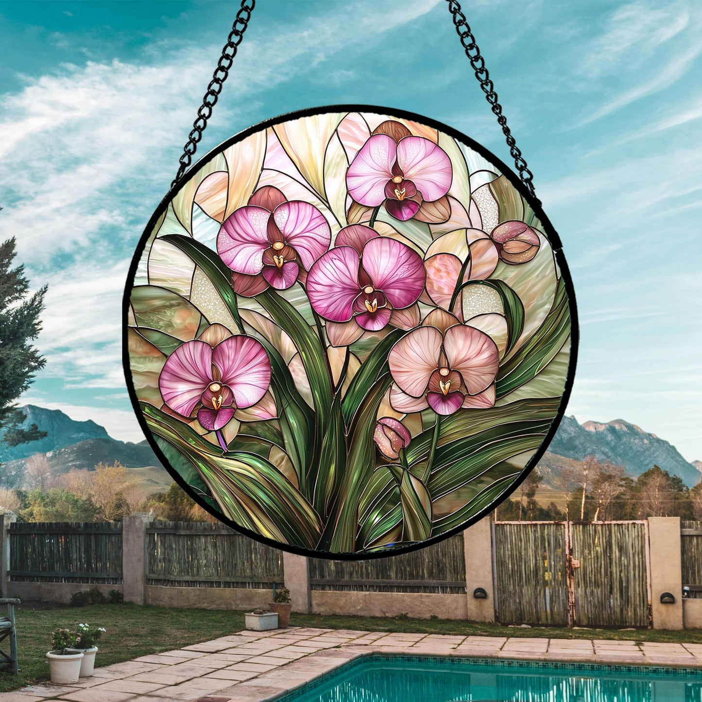 AMDERVEN Stained Glass Window Hanging - Pink Phalaenopsis Orchid Green Leaves Sun Catcher for Door Home Decor Flower Suncatcher Christmas Mother's Day Birthday Gifts for Women Men Mom Nana 9.8 in