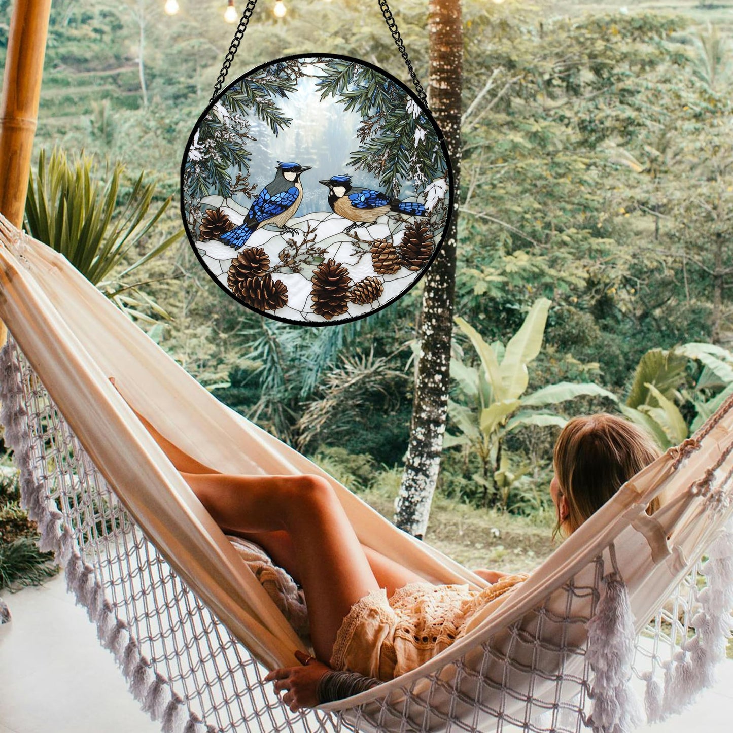 HWRHTR Stained Glass Window Hanging - Blue Bird Winter Forest Landscape Suncatcher for Door Garden Yard Sun Catchers Decor Christmas Mother's Day Birthday Gifts for Women Mom Nana Friend 7.8 in