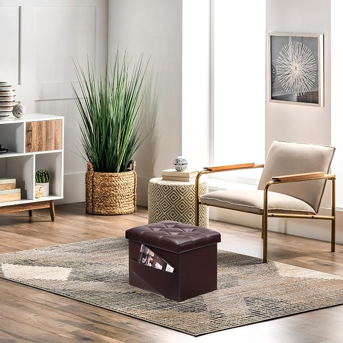 AmasSmile Storage Ottoman Folding Foot Rest Stool with Side Pocket, 16 inch Leather Footstool Bench, Short Ottoman Bench, Storage Foot Rest Store, Books, Brown