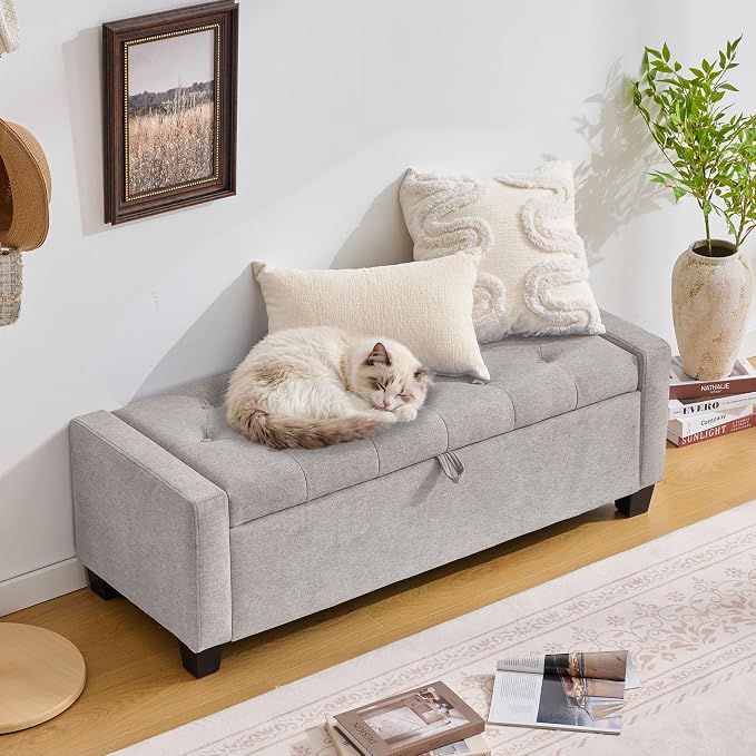 Huatean Home 43" Ottoman with Storage, Storage Ottoman Bench with Safety Hinge, Upholstered Entryway Bench with Seating for Bedroom, Living Room, Holds up to 330 lb(Light Gray)