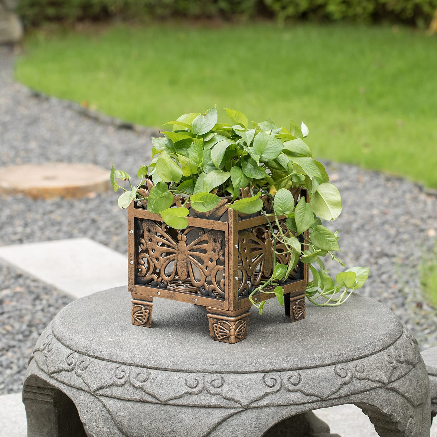 Set of 2 Outdoor Living Butterfly Square Plant Stands, Decorative Flower Planting Pots, Antique Bronze Finish, Garden Patio Decor