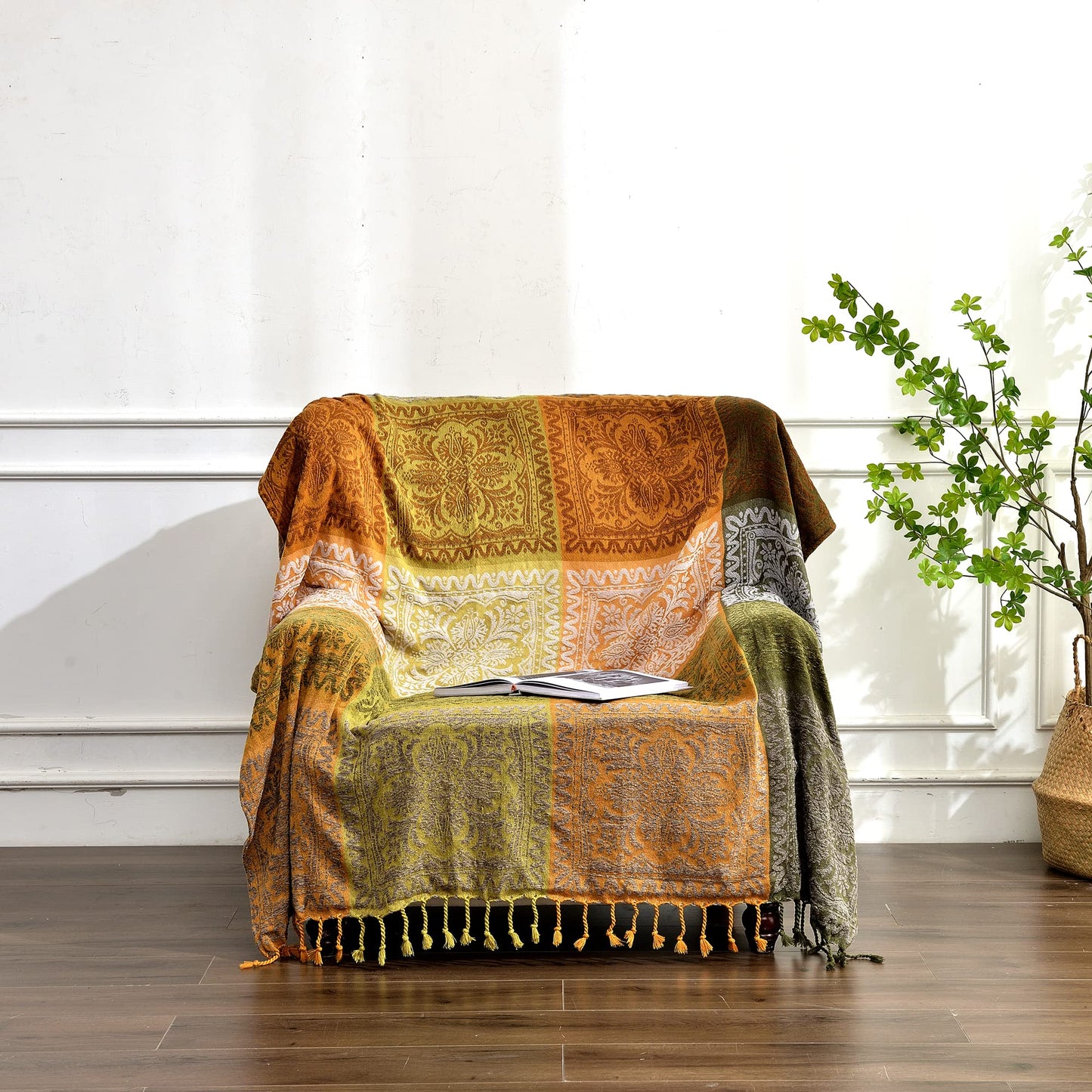 Edcooy Boho Couch Cover, Bohemian Throw Blanket Tassels Hippie Decor Covers Sofa Chair loveseat Furniture Bed， Bohemian Tribal Fringe slipcover (Green, 60x75)…