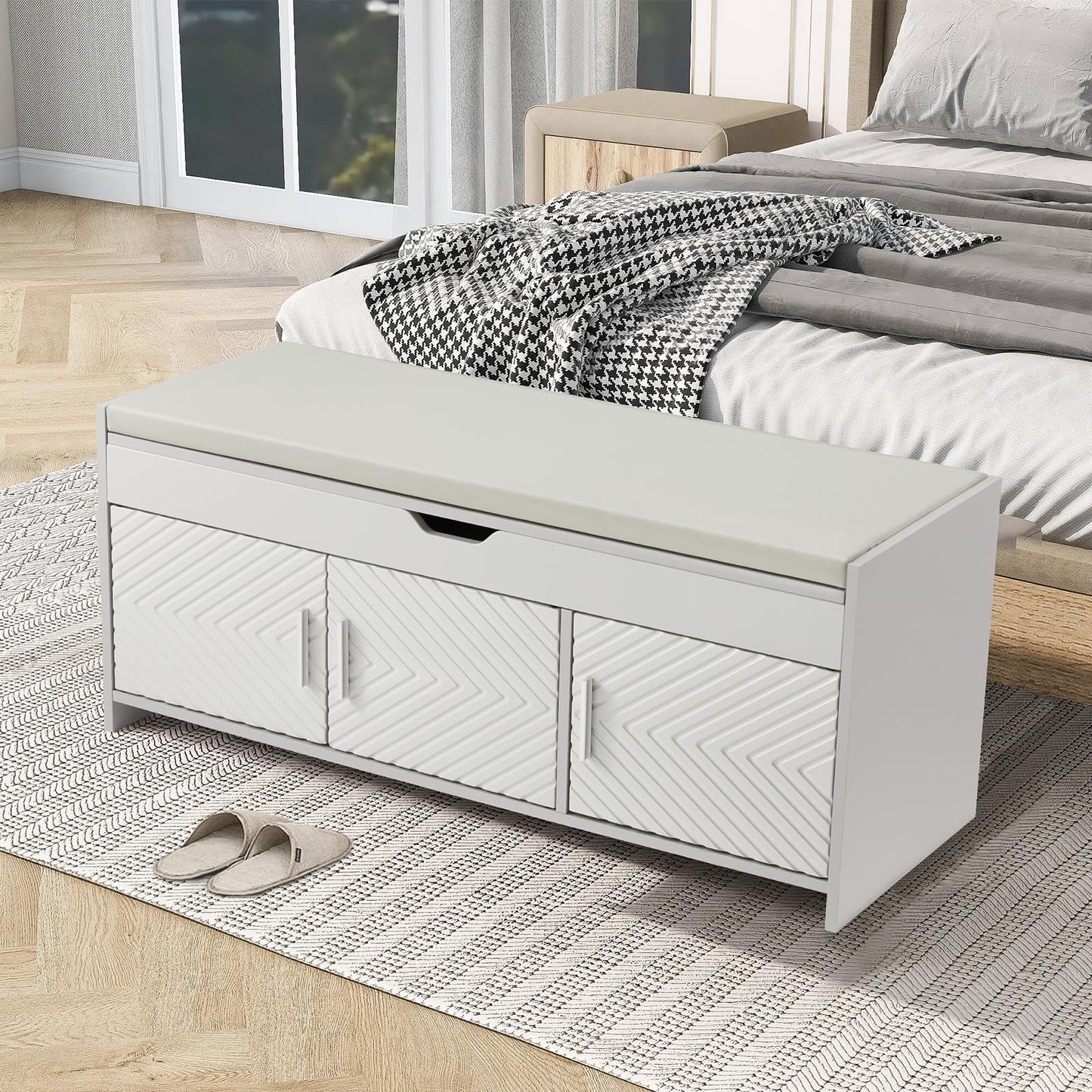 ECOTOUGE Storage Bench, Shoe Bench with Lift Top Storage, Entryway Bench with Cushioned Seat, Adjustable Shelf for Living Room, Bedroom, Hallway, Light Grey