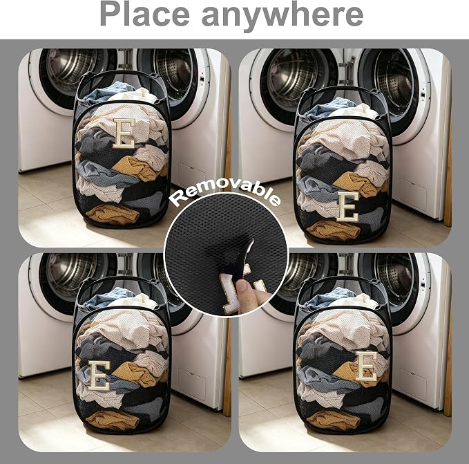 Collapsible Pop Up Laundry Hamper, Extra Large with Removable Initial Letter E, Mesh Foldable Laundry Basket, 28" x 16" x 16" (Black)