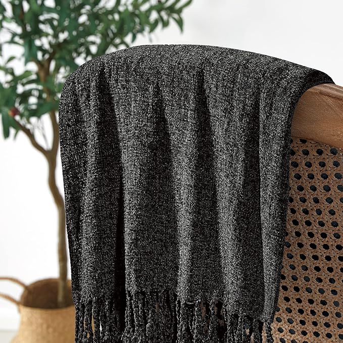 BOURINA Chenille Fluffy Throw Blanket with Decorative Fringe for Couch Cover Sofa Chair Blanket（50×60 Inches） Black
