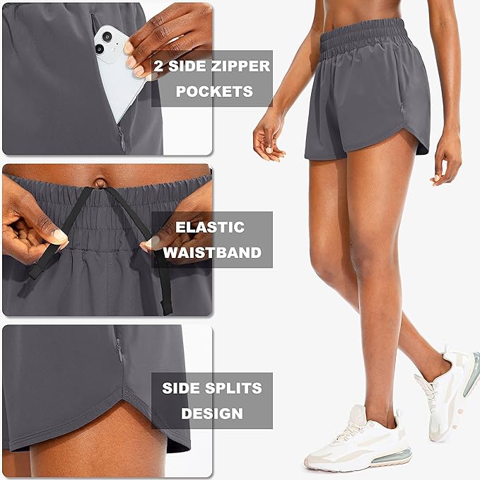 SANTINY Women's Running Shorts with Zip Pockets High Waisted Athletic Workout Gym Shorts for Women with Liner