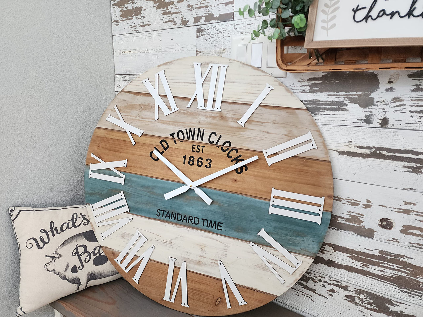 Oldtown Clocks 24" Wooden Multi-Color Maritime Coastal Beach Large Roman Wall Clock (Blue, 24 inch)