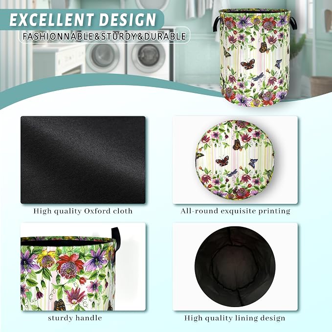 Beautiful Flowers Butterfly Laundry Basket Colorful Floral Laundry Hamper Foldable Oxford Cloth Cute Flower Tote Bag Clothes Toy Storage Bucket For Bathroom/Laundry Storage/Bedroom 18.9 x 16.5 Inch