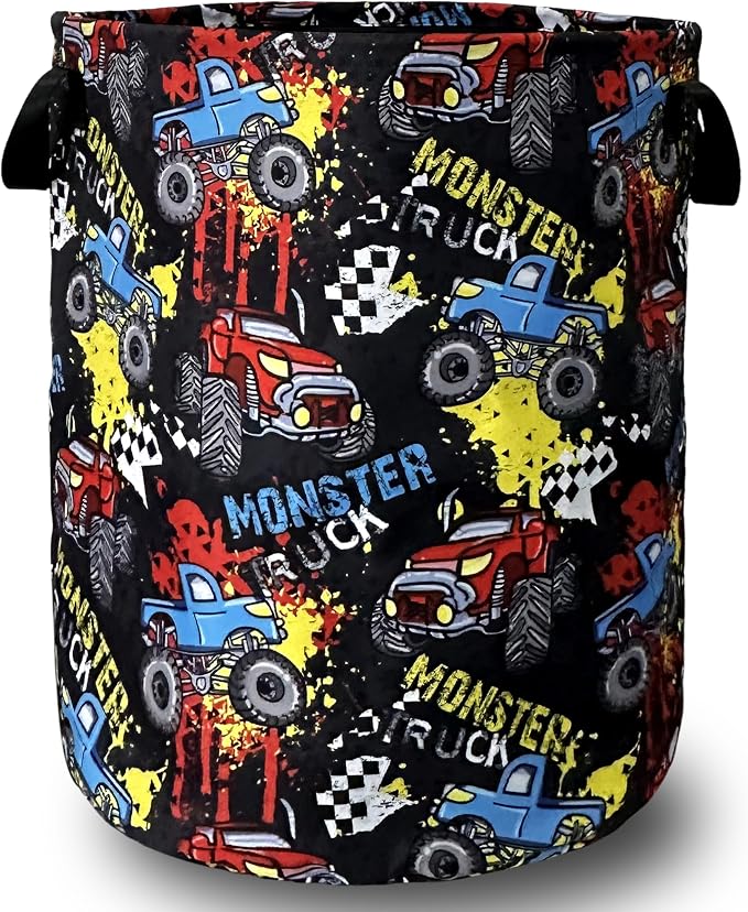 Funny Cars Printed Laundry Basket Foldable With Handles Tote Bag Oxford Cloth Colorful Laundry Hamper Clothes Storage Bucket Toy Organizer 18.9"x16.5"For Bathroom/Laundry/Bedroom