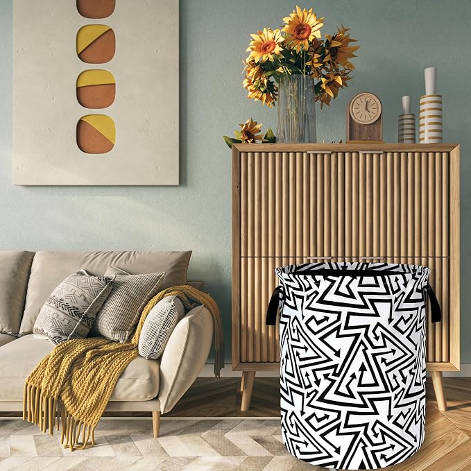 Black White Abstract Arrow Laundry Basket Foldable With Handles Tote Bag Oxford Cloth Funny Laundry Hamper Clothes Storage Bucket Toy Organizer 18.9" x 16.5" For Bathroom/Laundry/Bedroom