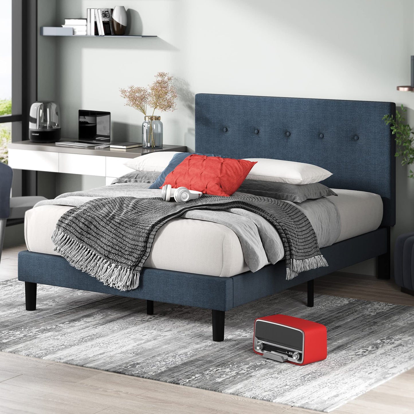 Zinus Omkaram Upholstered Platform Bed Frame, Mattress Foundation, Wood Slat Support, No Box Spring Needed, Easy Assembly, Queen