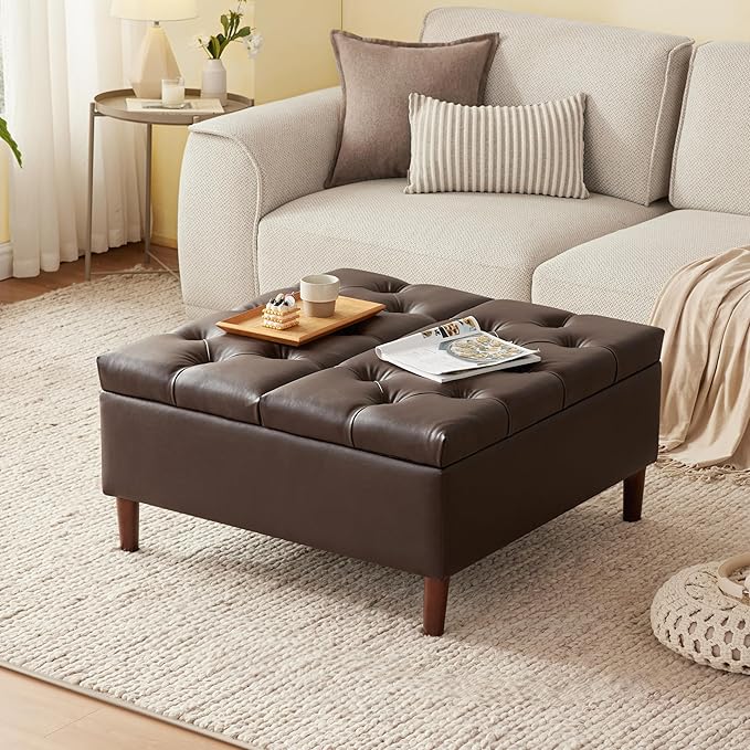 Weture 35 Inch Extra Large Storage Ottoman Coffee Table, No Assembly Required, Oversized Square Ottoman with Storage, Tufted Upholstered Ottomans Coffee Table for Living Room (Leather, Brown)