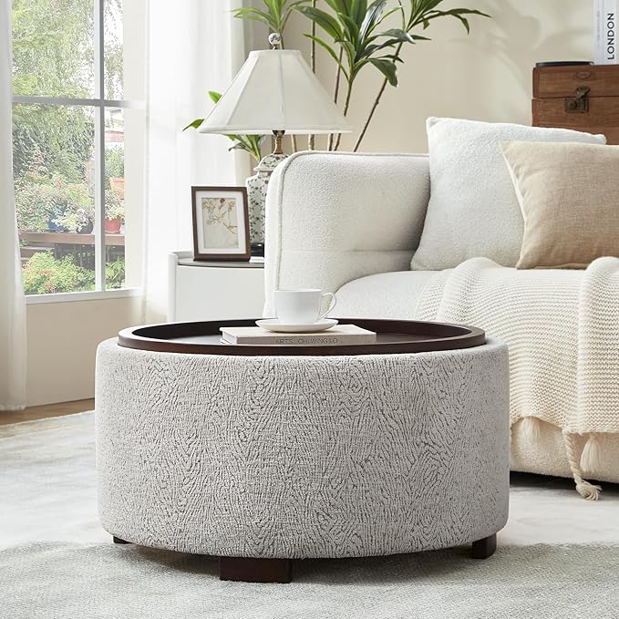 Zihanhome 30 Inch Round Storage Ottoman, Ottoman Coffee Table with Lift Off Lid, Boucle Modern Ottomans with Storage for Living Room, Bedroom, Apartments (White and Gray Striped)