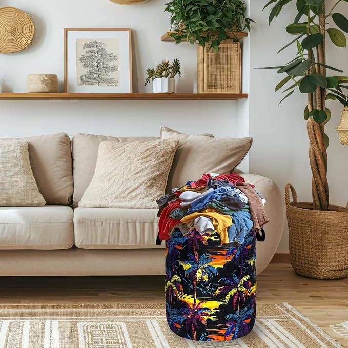 Colorful Palm Tree Laundry Basket Foldable Oxford Cloth Hawaii Laundry Hamper With Handle Portable Clothes Storage Organizer Basket 18.9"x16.5" Storage Bag For Laundry Room/Bathroom/Bedroom