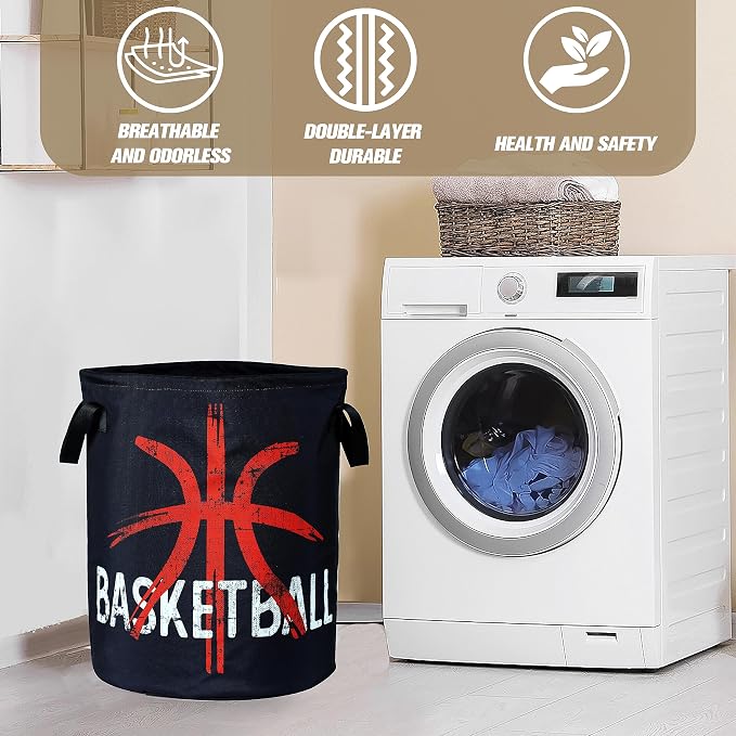 Basketball Laundry Basket Ball Foldable Oxford Cloth Funny Tote Bag Laundry Hamper Clothes Storage Bucket Organizer For Bathroom/Laundry Storage/Bedroom 18.9x16.5 Inch