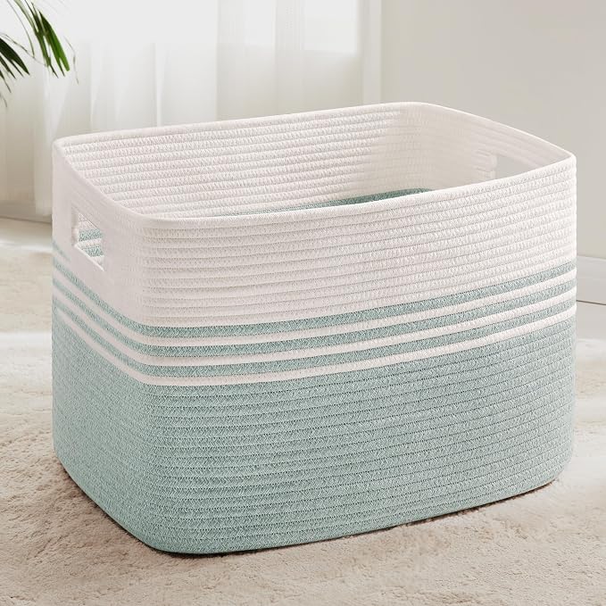 100L Extra Large Laundry Basket for Living Room Storage,Woven Rope Baskets for Blanket,Kids Toy,Gifts,Wicker Hamper for Bedroom Dirty Clothes,24"x16"x16" White Green