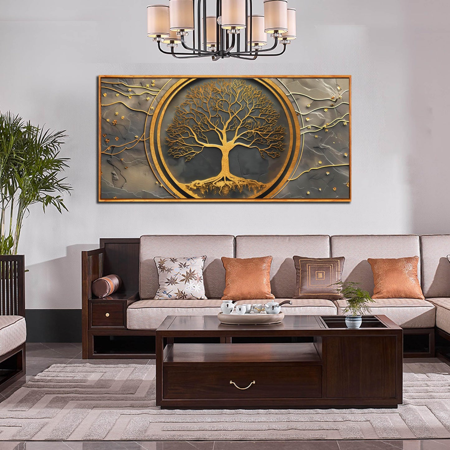 Tree Pictures Wall Art for Living Room - Gold Modern Wall Decor Office - Wooden Framed Wall Art Size 29" x 59"