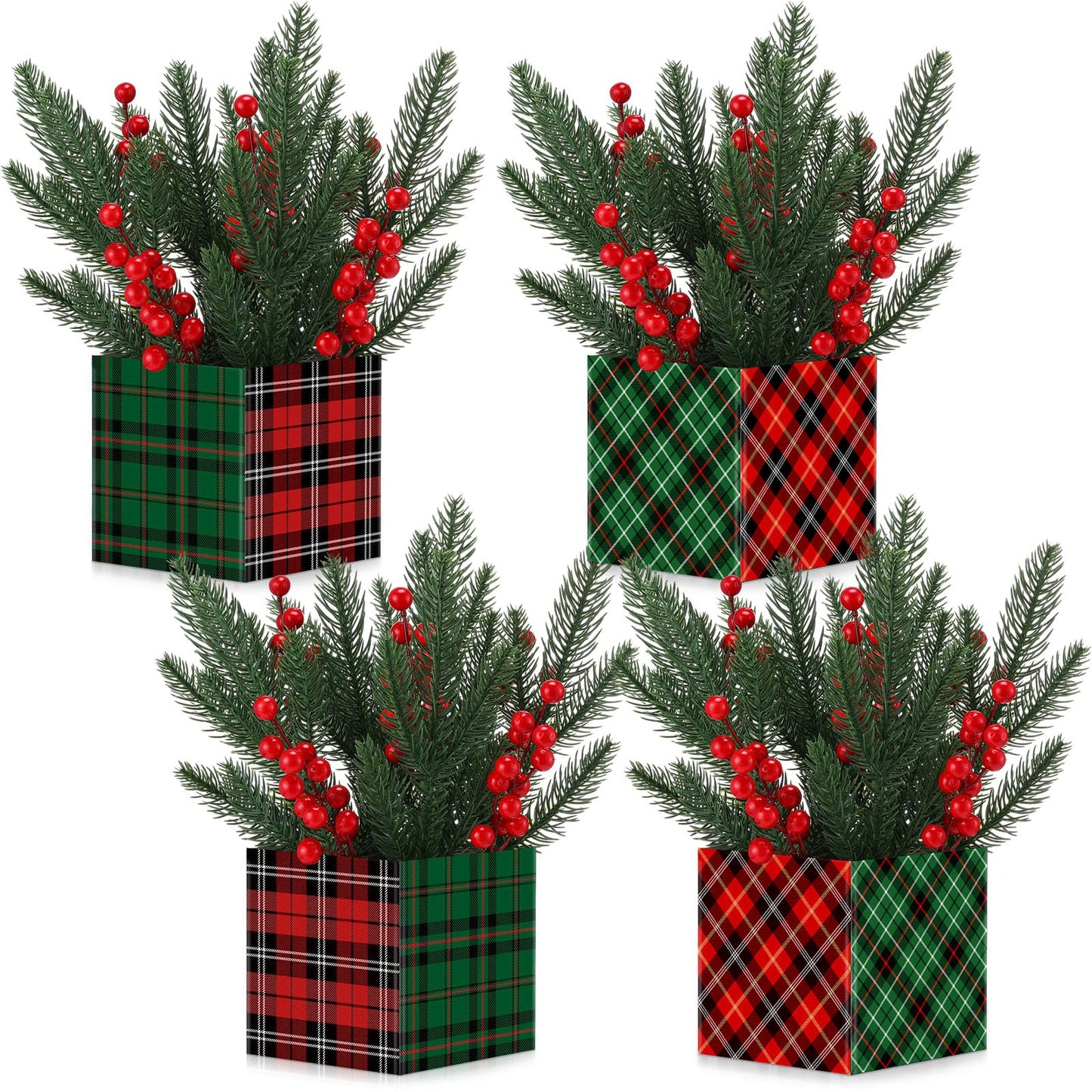 Zeyune 4 Set Christmas Centerpiece for Table Bulk, 4.7 Inch Xmas Centerpiece Decoration Ideal with Artificial Pine Branches and Red Berries Stems for Xmas Party Indoor Home Decor (Christmas Plaid)
