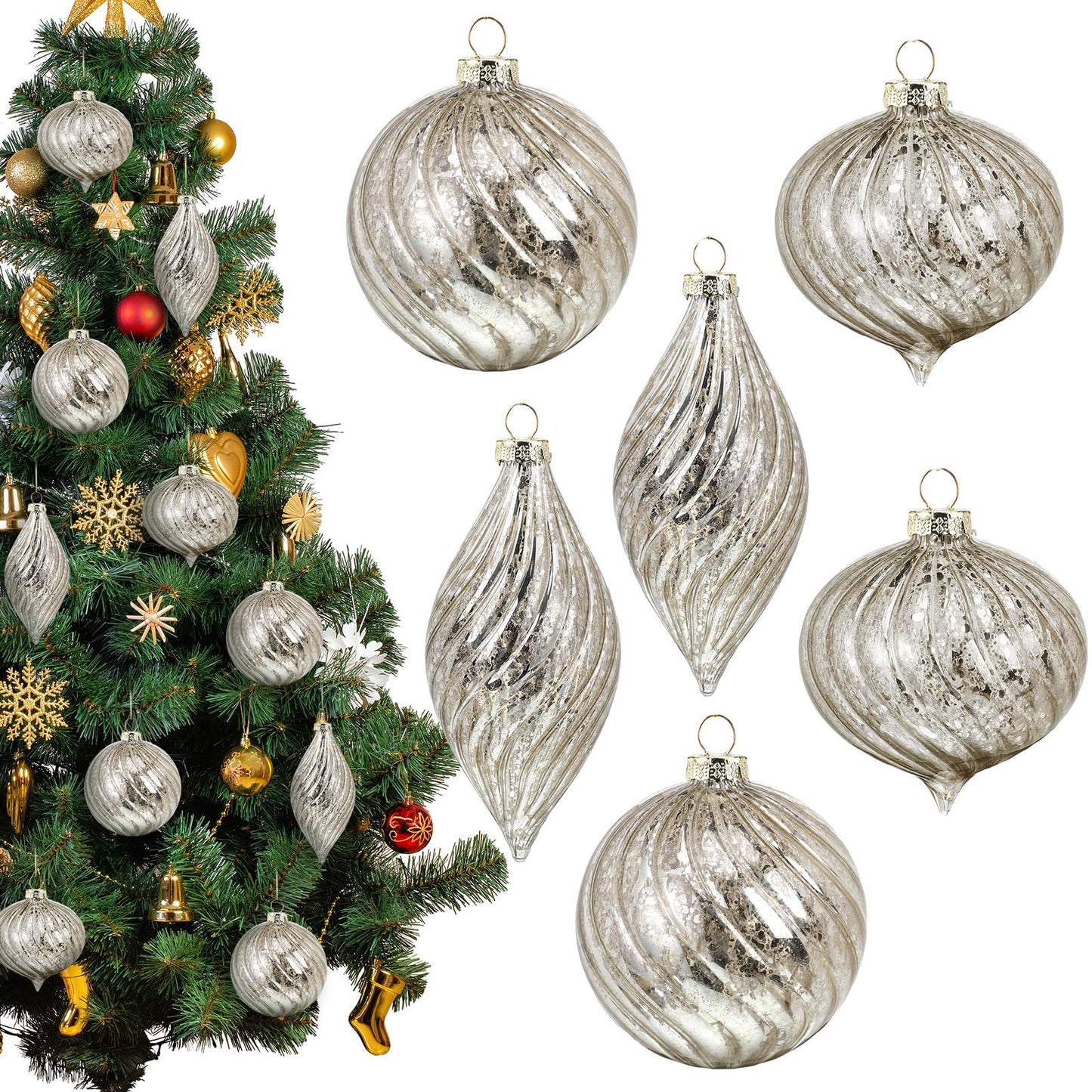 Vercraft 6 Pcs Silver Glass Christmas Ornaments, Mercury Christmas Ball Ornaments Hanging Hand Blown Glass Balls for Xmas Tree Home Wedding Birthday Holiday Party Decor, 2.36 Inch