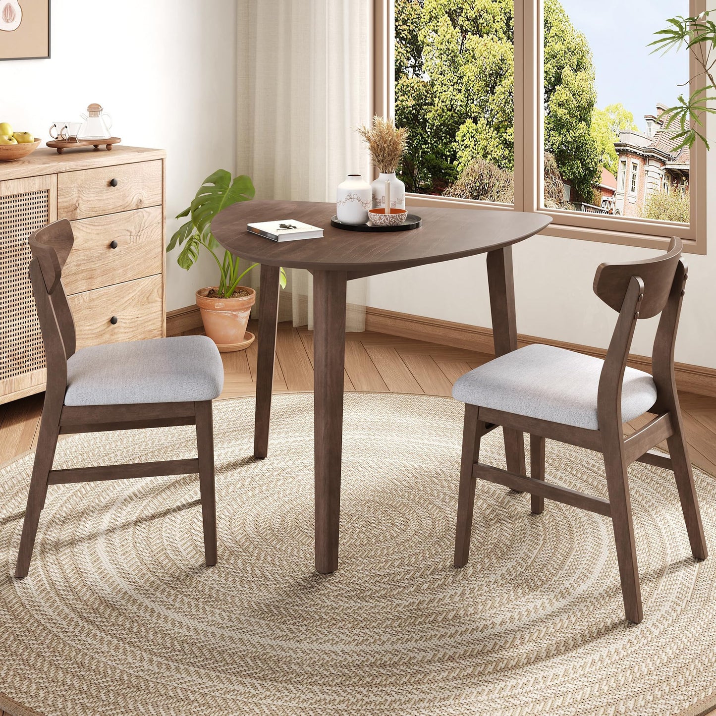 Merax 3-Piece Modern Dining Set, Triangular Side Table & 2 Curved Wood Chairs, Minimalist Space-Saver for Small Living Room, Kitchen, Easy Assembly, Brown