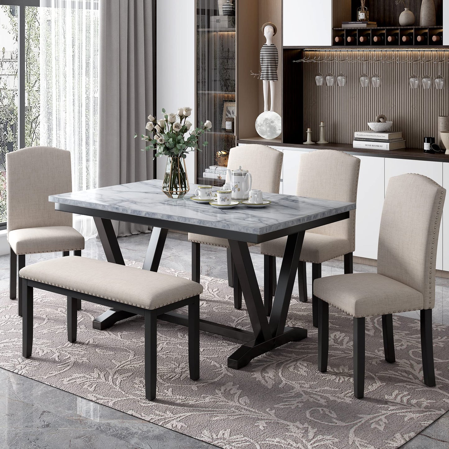 Ball & Cast 6 Piece Dining Table Set with 4 Chairs & 1 Bench,Living Room Furniture W/ 60" Rectangle Marbled Veneers Tabletop Kitchen Desk,for Restaurant,Home Bistro,White