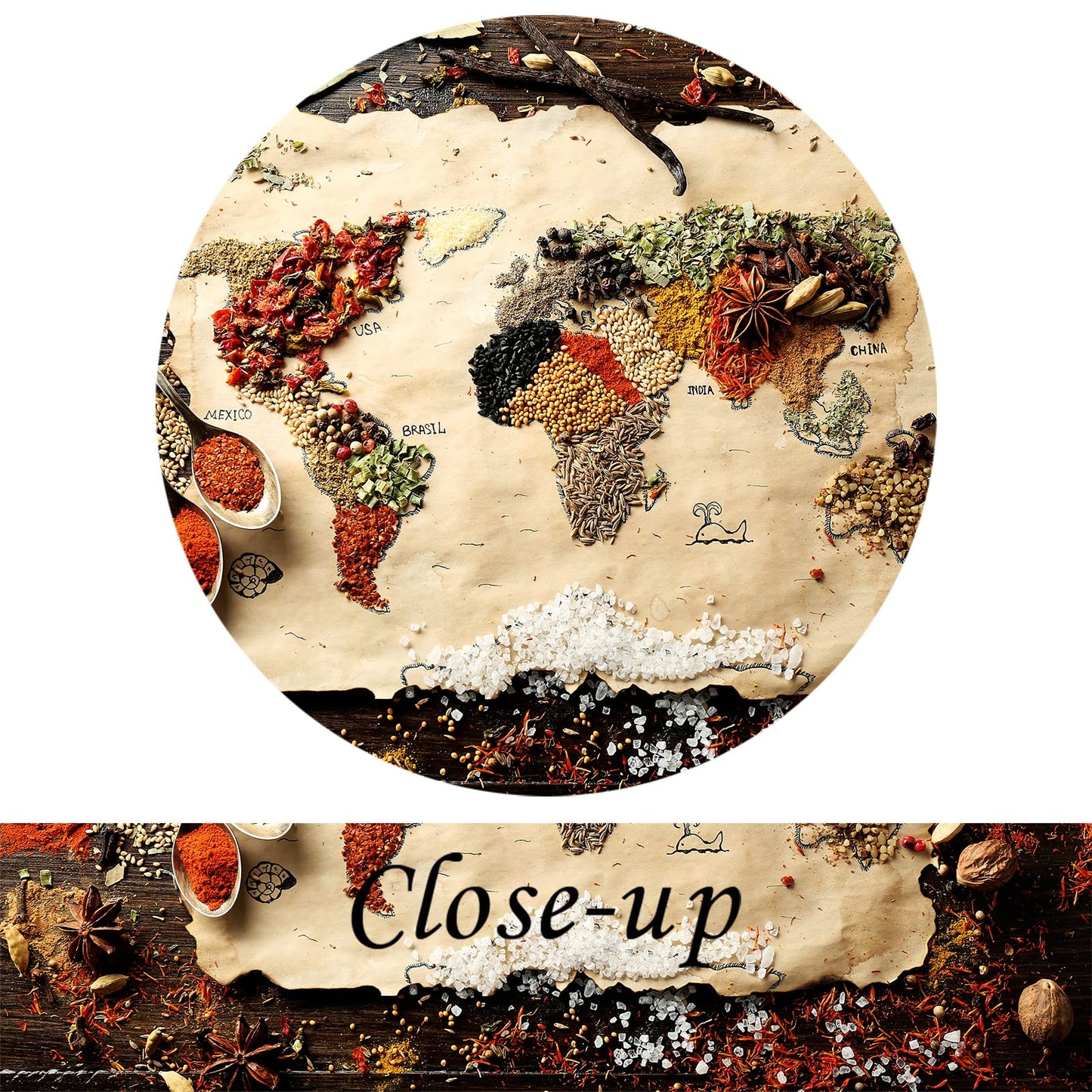 Large 5 Panel Map of World Made from Spices on Wooden Canvas Art Wall Art Kitchen Pictures Modern Wall Decor Gallery Canvas Wraps Giclee Print Stretched and Framed Ready to Hang 60''Wx32''H (Large)