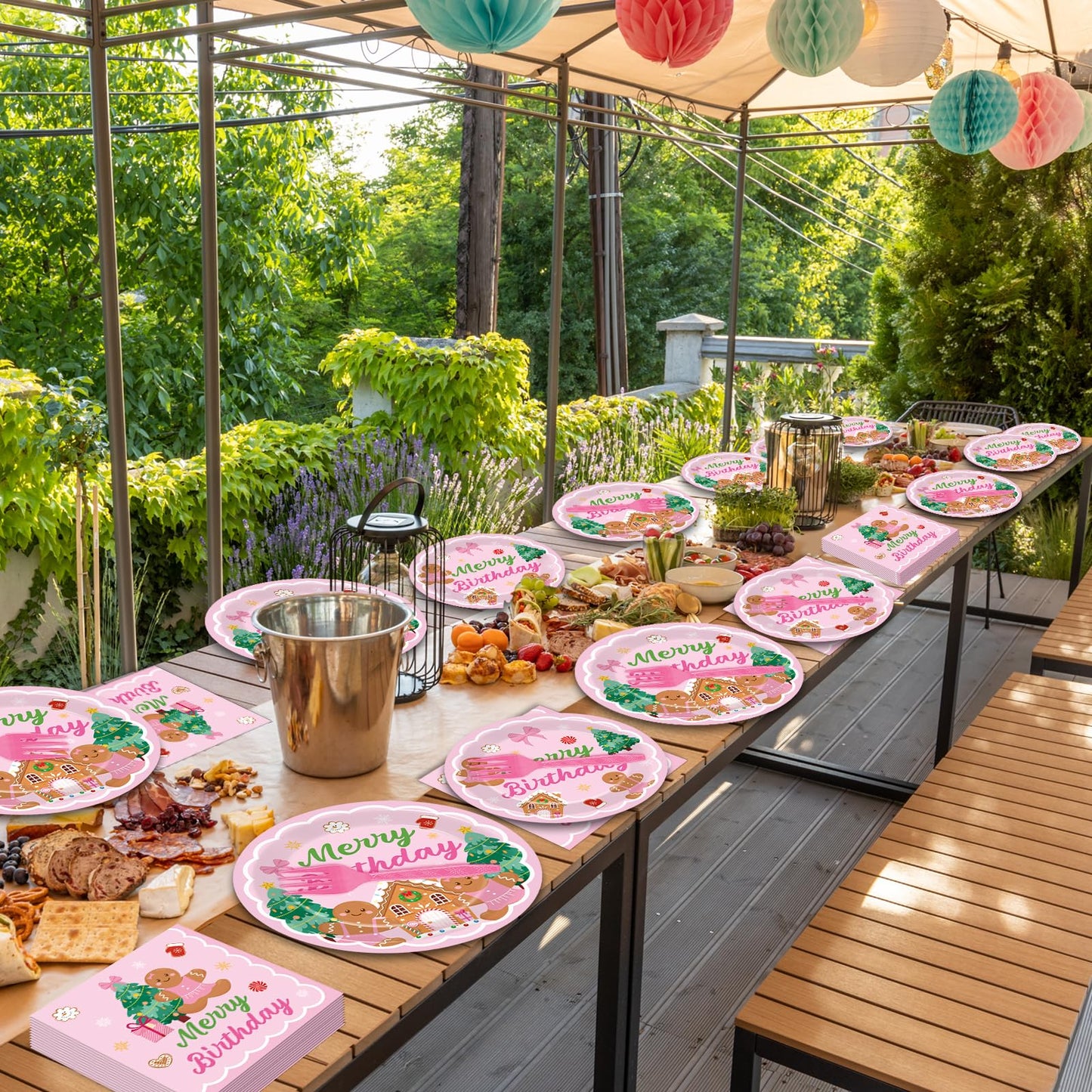 96 Pcs Gingerbread Birthday Party Plates Napkins Tableware Set Pink Christmas Party Supplies Disposable Dinnerware Merry Birthday Decoration Favors for Winter Xmas Baby Shower Holiday, 24 Guests