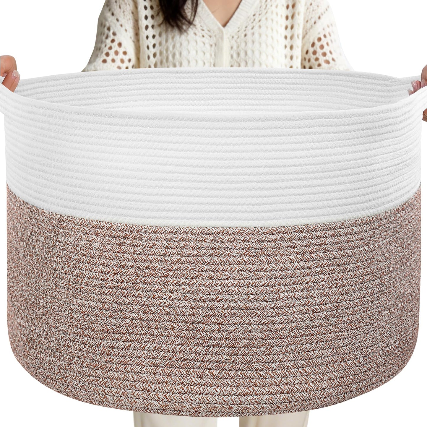 90L Extra Large Blanket Basket for Living Room - Cotton Rope Laundry Hamper Woven Baskets XXL Storage Bin with Handles for Dirty Clothes, Kids, Pets, Toys, Bedroom, 23'' x 23'' x 13'', White & Brown