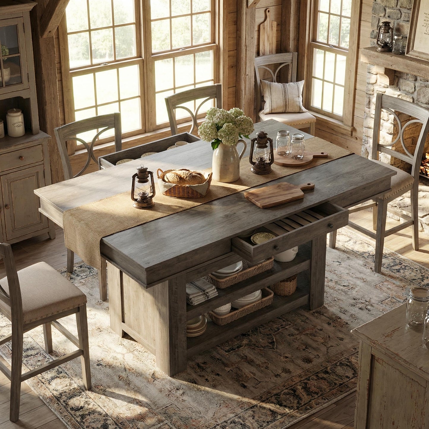 Garvee Counter Height Dining Table with 2 Drawers, 36" Farmhouse Wooden Large Bar Kitchen Table with Wine Rack & 3 Shelves, Rectangular, Thick Frame for Kitchen, Bar & Entertaining, Retro Gray