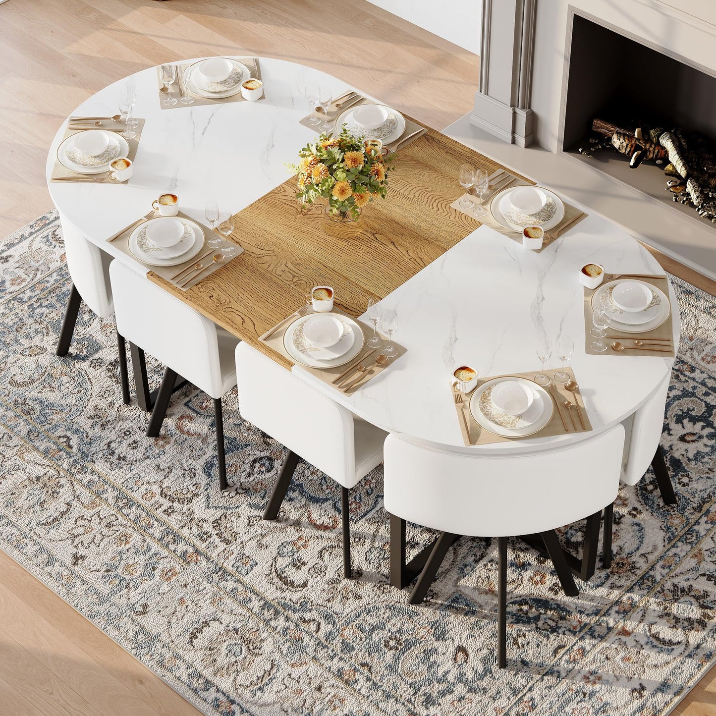KEIKI 9-Piece Dining Table Set for 8, 78.7" Large Extendable Kitchen Table Set with 8 PU Leather Chairs, Modern Oval Wooden Table with Faux Marble Tabletop for Gatherings, Dining Room, Double White