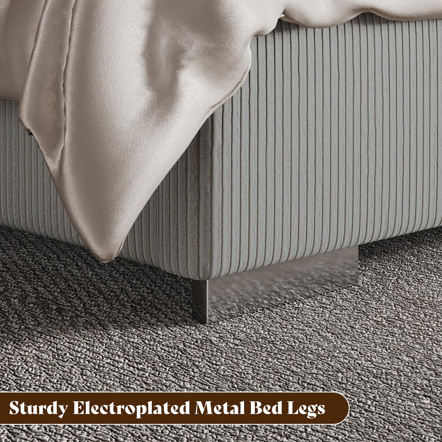 AMERLIFE Modern King Size Bed Frame with Fireplace, Corduroy Upholstered Bed Frame with 60.4“ Extra Tall Headboard, Wingback Platform Bed Frame Wooden Slats/No Box Spring Needed, Greige