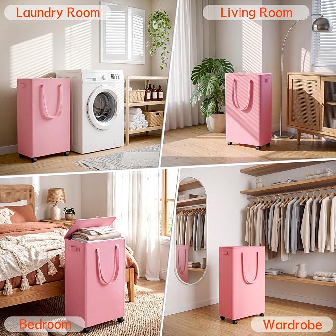 Slim Laundry Hamper with Wheels,15 Gal (55L) Rolling Laundry Basket with lid and wheels Clothes Hamper Foldable Tall Dirty Clothes Basket Sturdy Collapsible Clothes Hamper for Dorm,Laundry Room