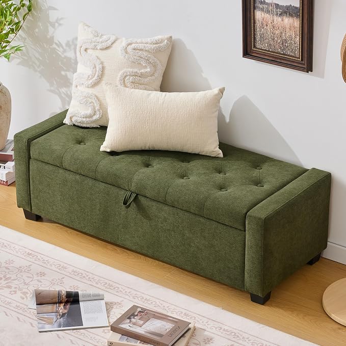 Huatean Home 48" Ottoman with Storage, Storage Ottoman Bench with Safety Hinge, Upholstered Entryway Bench with Seating for Bedroom, Living Room, Holds up to 330 lb, Green
