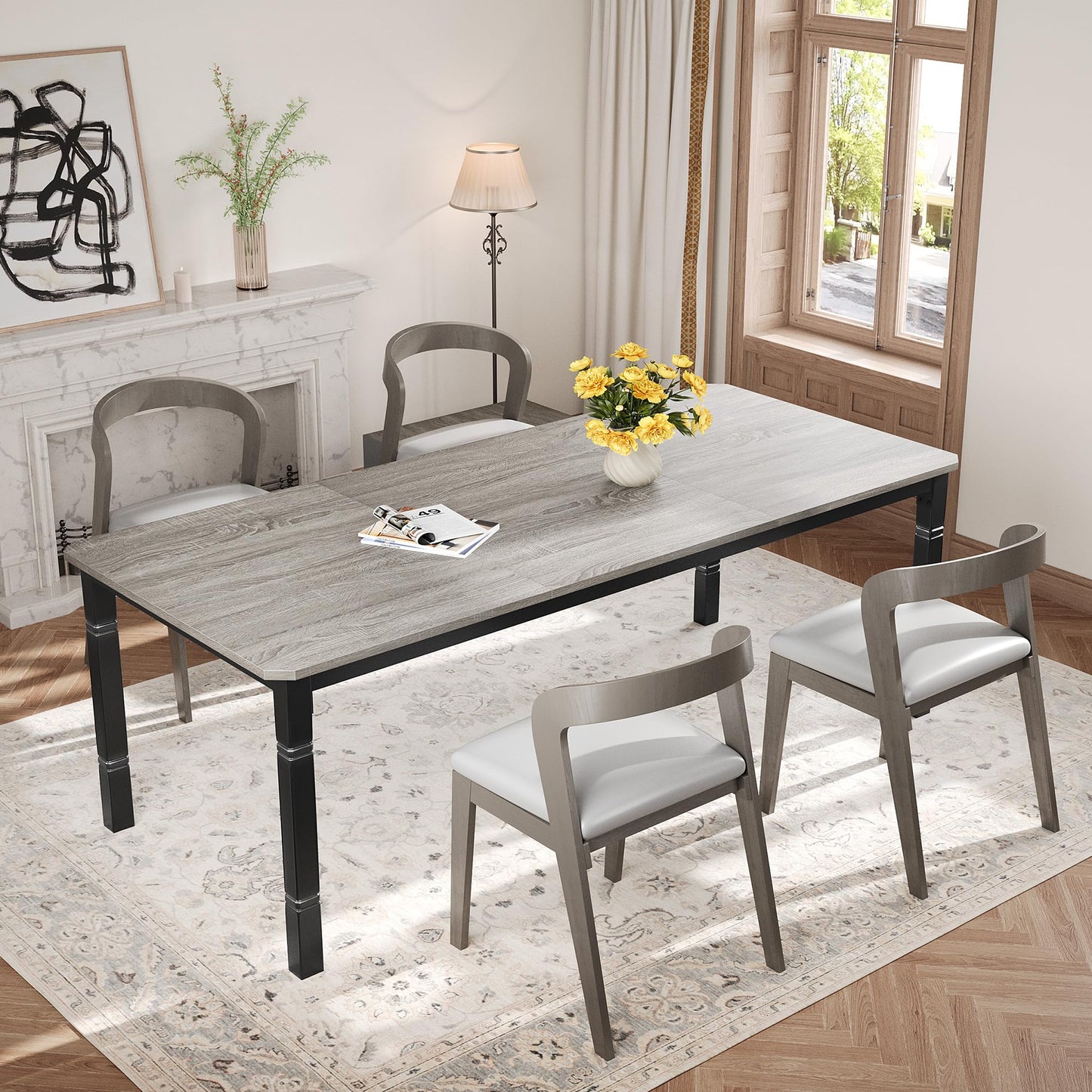 Garvee Large Dining Table for 6-8 People, 71" Wooden Kitchen Table with Sturdy Metal Frame, Dining Room Table for Dining Room, Kitchen, Black Leg & Grey