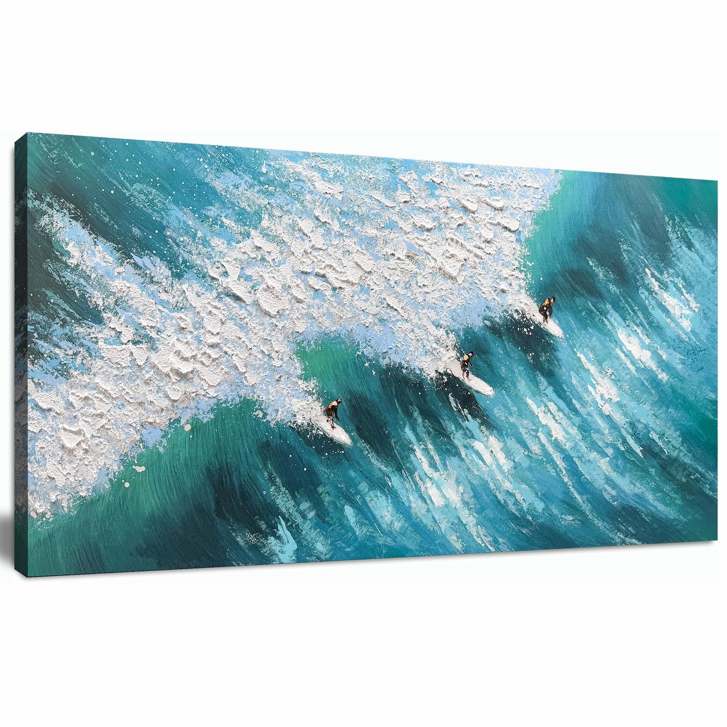 Large Beach Wall Art for Living Room 20"x40" Blue and White Hand Painted Surfing Ocean Wave Coastal Canvas Painting Seascape Artwork with Surfers Textured Art for Bedroom Office Ready to Hang