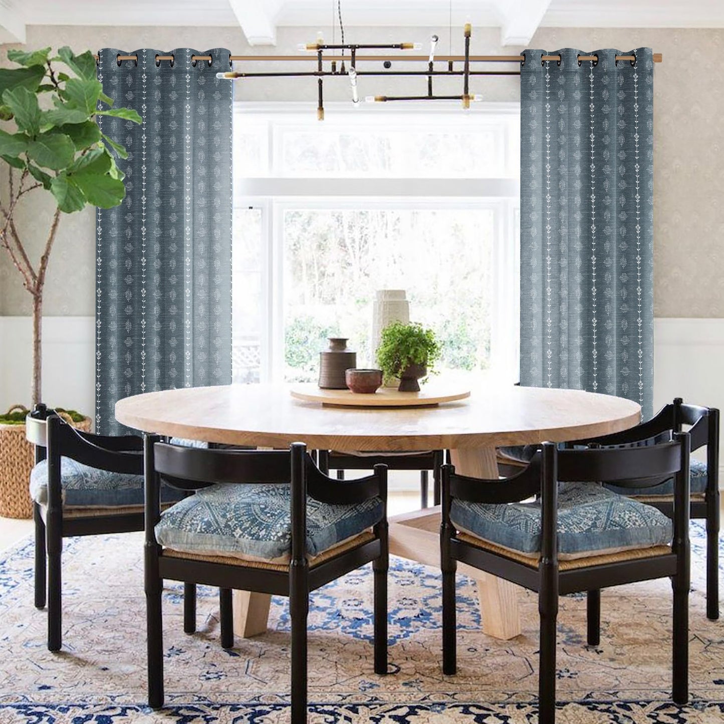 Denim Blue Modern Farmhouse Curtains, Vintage Dusty Blue Grey Chambray Linen Scandinavian Global Inspired Tie Dye Ikat Look Curtains for Living Room Bedroom