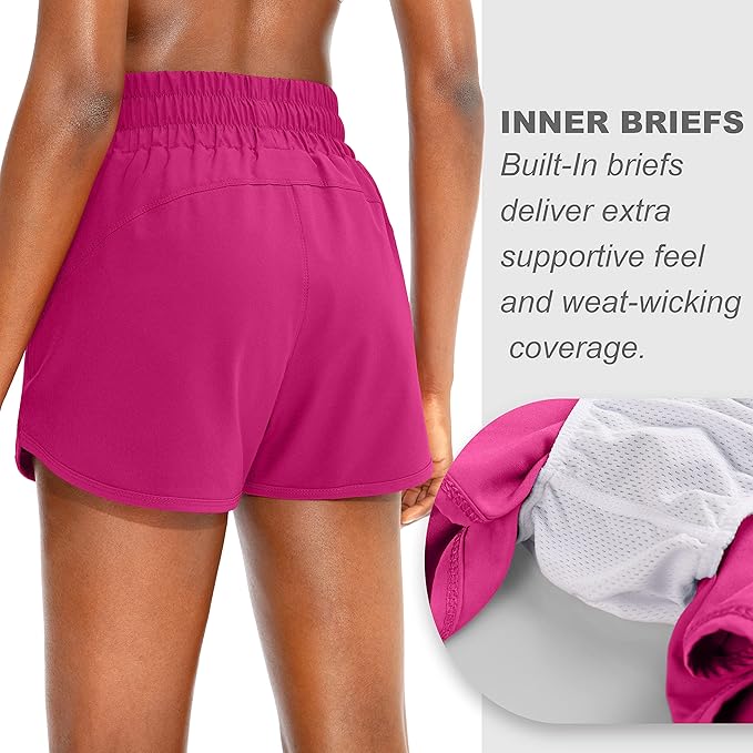 SANTINY Women's Running Shorts with Zip Pockets High Waisted Athletic Workout Gym Shorts for Women with Liner