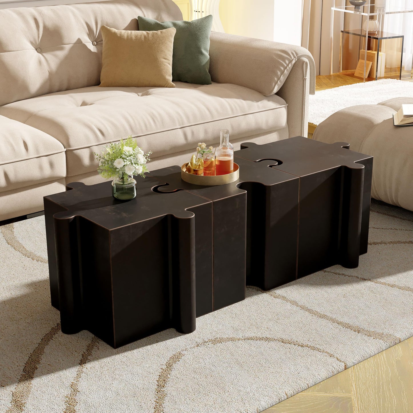 Christopher Knight Home Daton 3 Piece Interlocking Outdoor Side Table Set, Modular Lightweight Concrete Coffee Table, Convertible MGO End Table for Indoor&Outdoor, Design for Creative Set Up, Copper