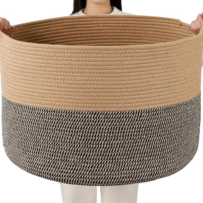 Foldable Laundry Hamper Basket with Collapsible Handle Cotton Rope Soft Woven Fabric Storage Organizer Clothes Toys Nursery Bedroom Dorm Space Saving Bin (Camel & Mix Camel, 65L(19.7"D x 12.6"H))