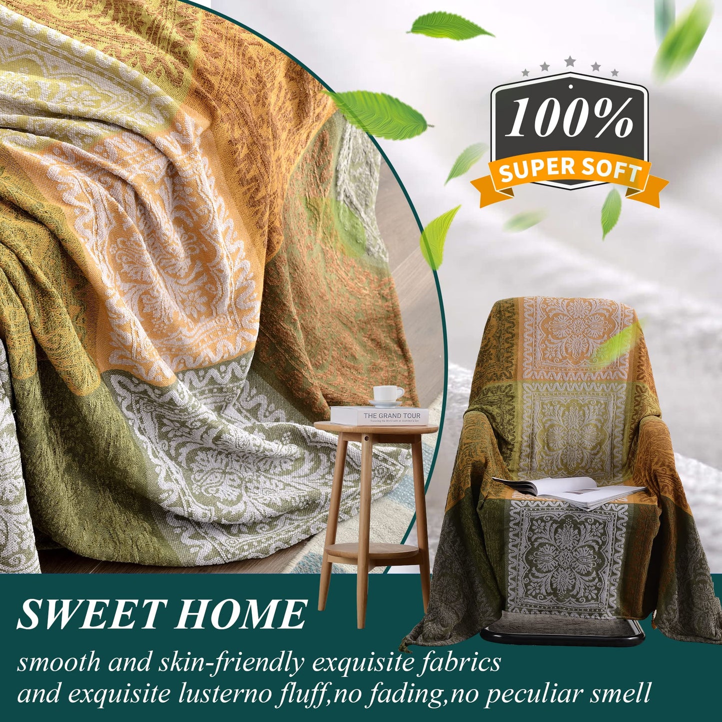 Edcooy Boho Couch Cover, Bohemian Throw Blanket Tassels Hippie Decor Covers Sofa Chair loveseat Furniture Bed， Bohemian Tribal Fringe slipcover (Green, 60x75)…