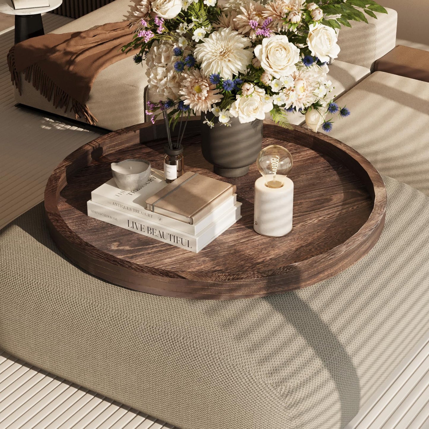 Round Ottoman Tray for Coffee Table Living Room Wood Serving Tray Large Wooden 24 Inches Rustic Brown