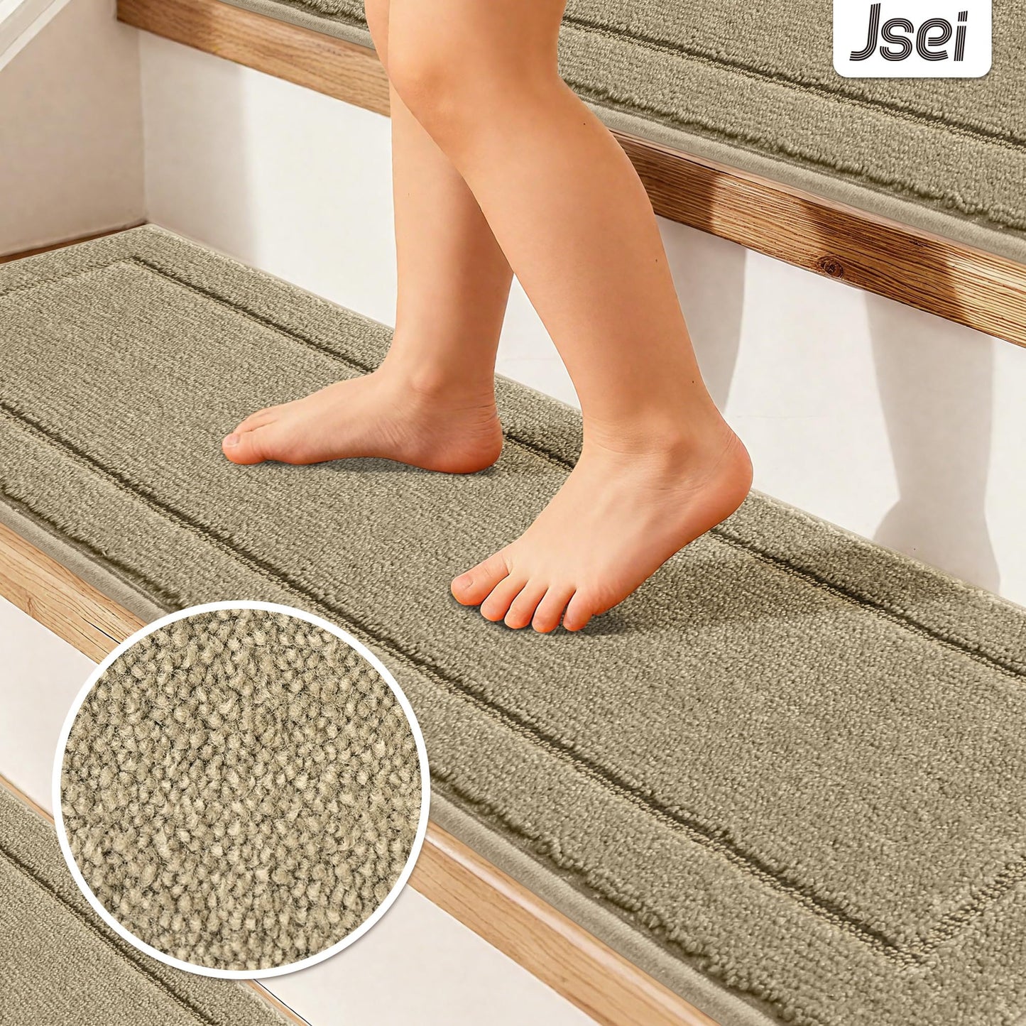 Non-Slip Stair Treads for Wooden Steps Indoor, 15 Pack 8" X 30" Edging Stair Rugs with TPE Backing, Carpet Stair Treads for Kids Elders & Pets, 100% Polyester Soft Stair Runners, Beige