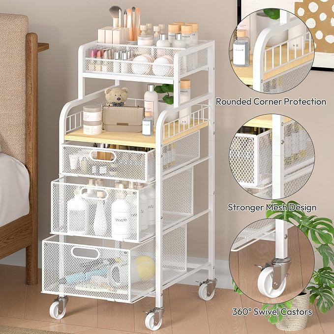 SWTYMIKI Rolling Cart with Drawers - Metal Craft Cart with Wheels, DIY Divider and Wood Shelf, Art Supply Organizer Craft Organizer and Storage, Utility Storage Cart for Home Office Studio, White