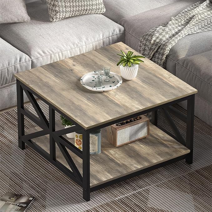 GreenForest Modern Living Room Coffee Table with 2 Tier Storage, Small Square Wood and Metal Farmhouse Center Table with Seamless One-Piece Tabletop, 27.55 Inch, Grey Wash