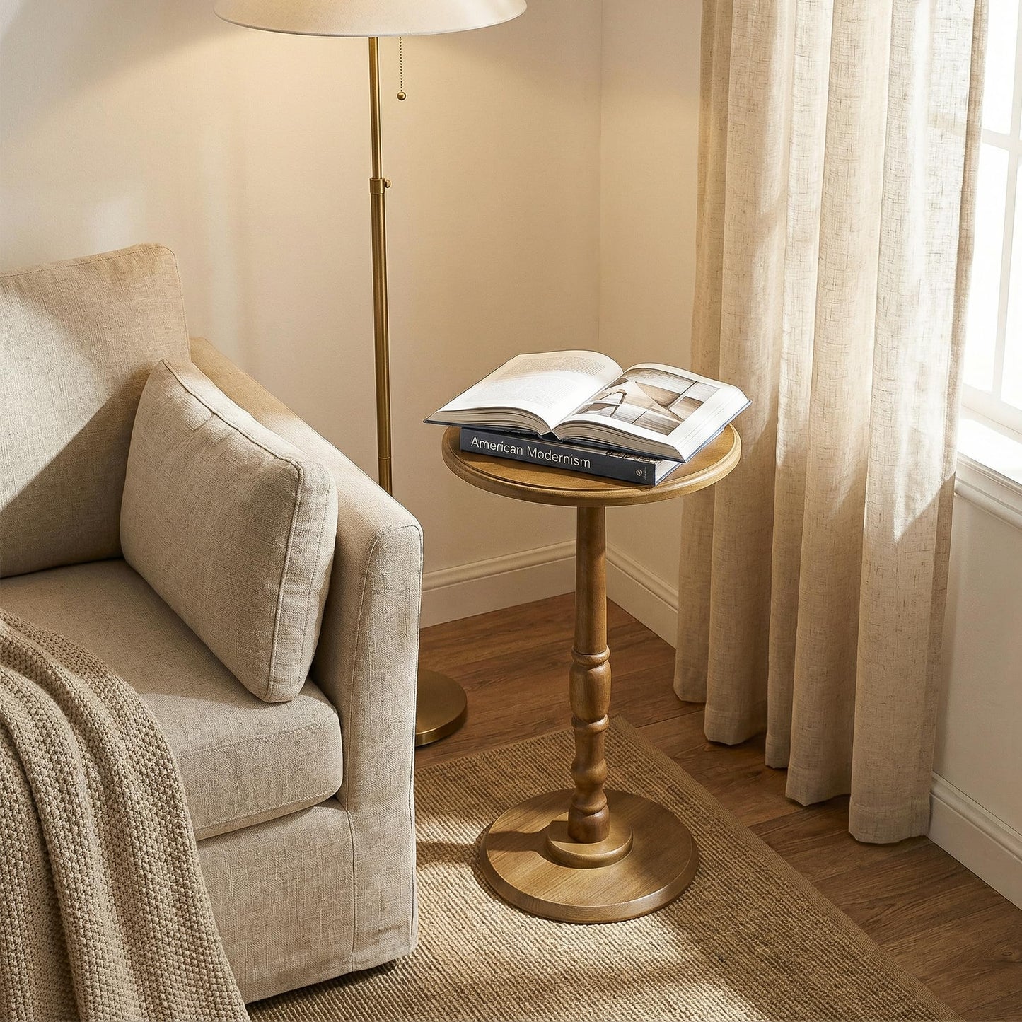Small Side Table Living Room, Brown Round Corner Table for Small Spaces Set of 2, Coffee Table with Solid Wood Pedestal Accent for Living Room, Corners, Bedroom, Bean Bag, Sofa Couch