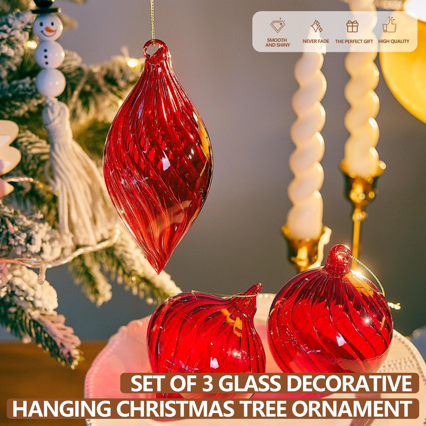 3 Pcs Hand Blown Glass Christmas Ball Ornaments Hanging Xmas Tree Decorations for Home Wedding Birthday Party Holiday (Red)