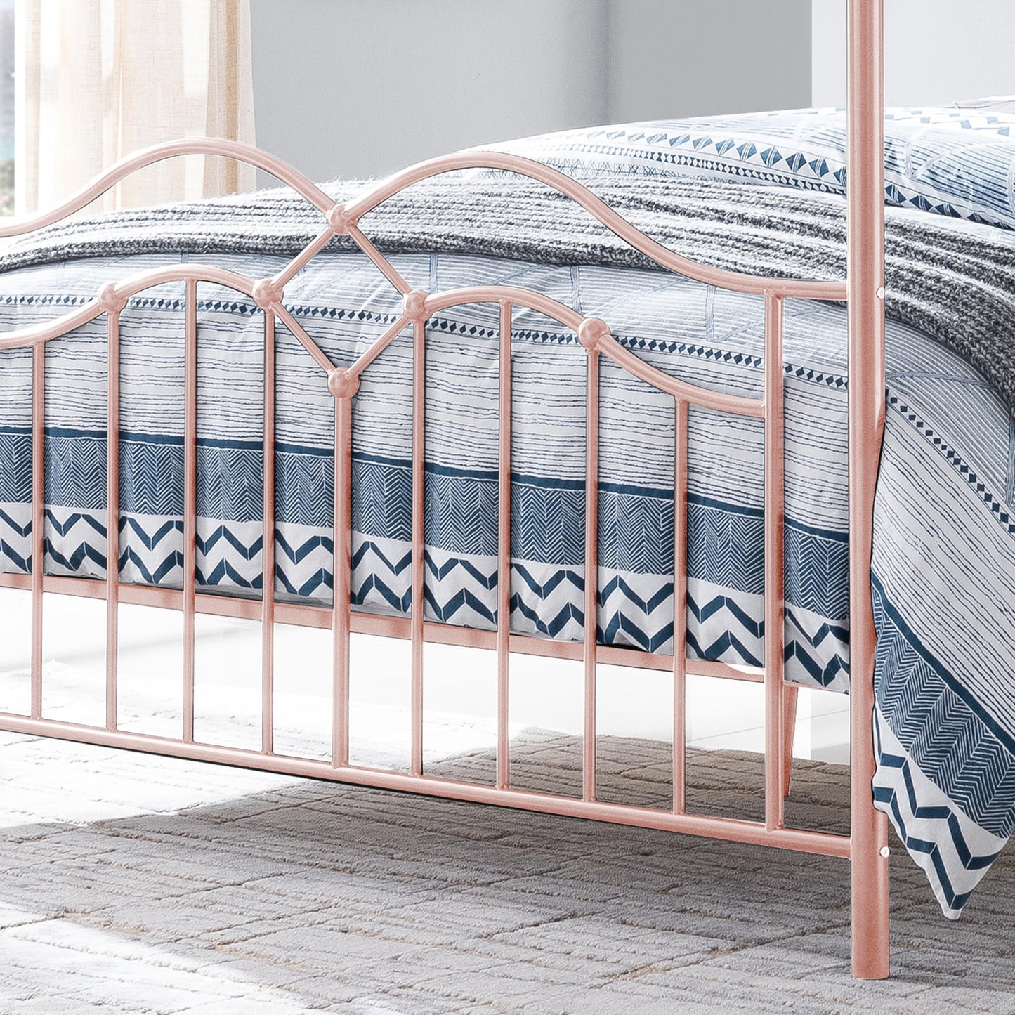 Christopher Knight Home Eileen Metal Canopy Bed Frame Queen Size with Headboard/Footboard, 4 Poster Platform Queen Bed Frame with Classic Knob Posts, Iron Slat Support, No Box Spring Needed, Pink