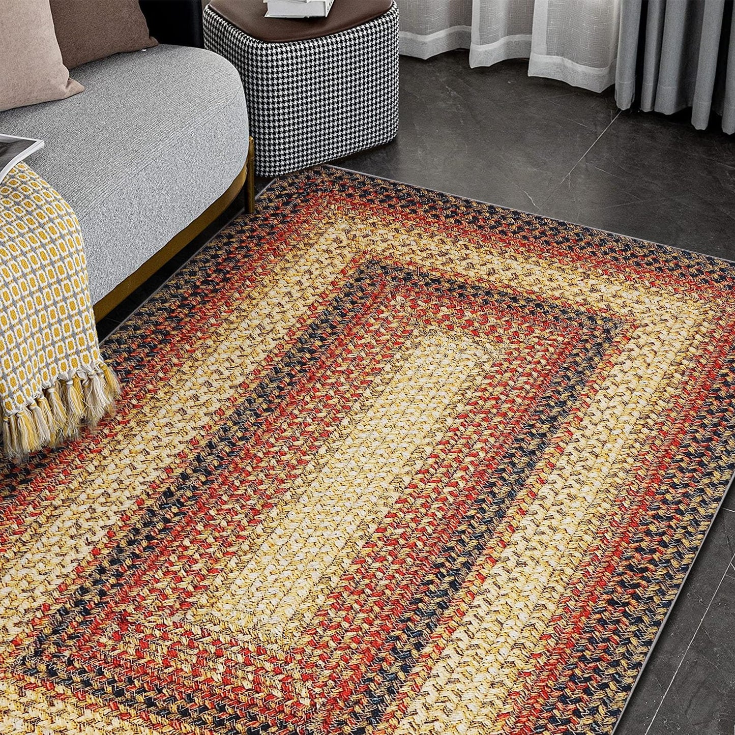 ROYHOME Braided Print Area Rugs Washable Rug 4x6 Boho Aesthetic Carpet Modern Geometric Rug Bohemian Floor Cover Distressed Throw Rugs for Living Room Bedroom Nursery Kitchen, Red
