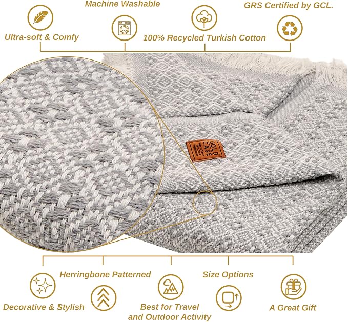 GOLD CASE HOME COLLECTION Retro 100% Recycled Cotton Grey Throw Blanket for Couch - Couch Throw Blankets - Living Room Decorative Boho Throws for Bed - Outdoor Blanket - Couch Throw Blanket - 60x80